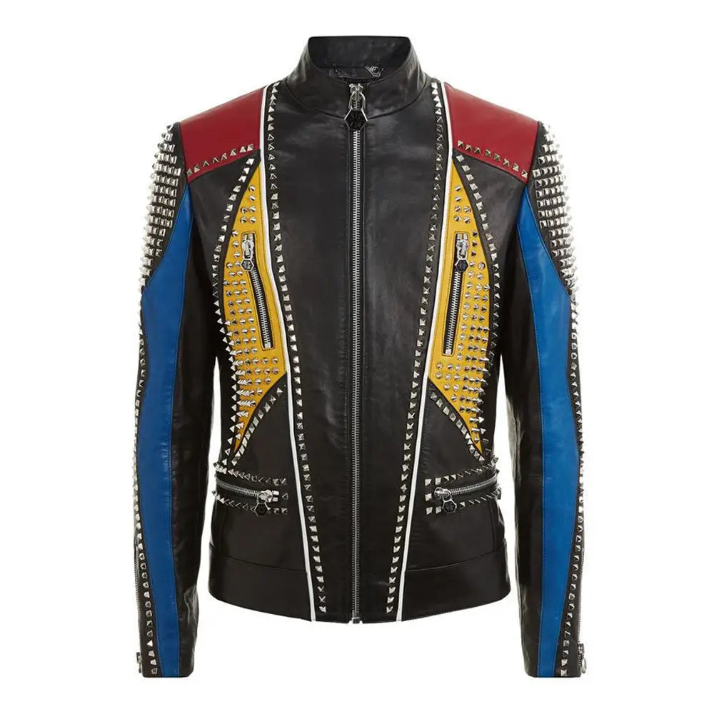 Men’s Handmade Multicolor Studded Leather Jacket-0