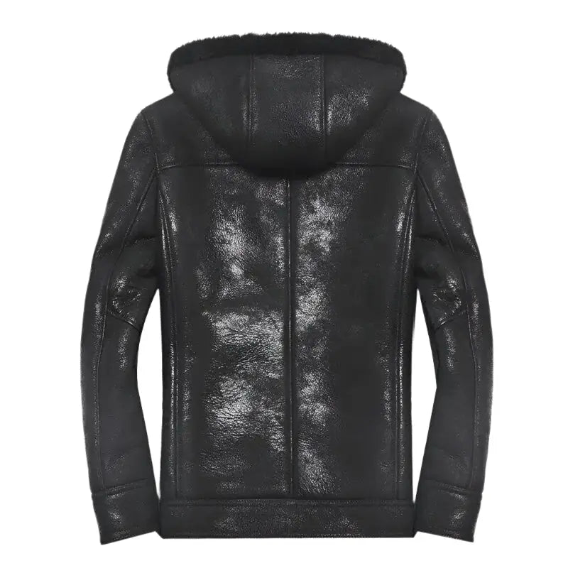 Men's Hooded Sheepskin Winter Coat with Faux Fur-1