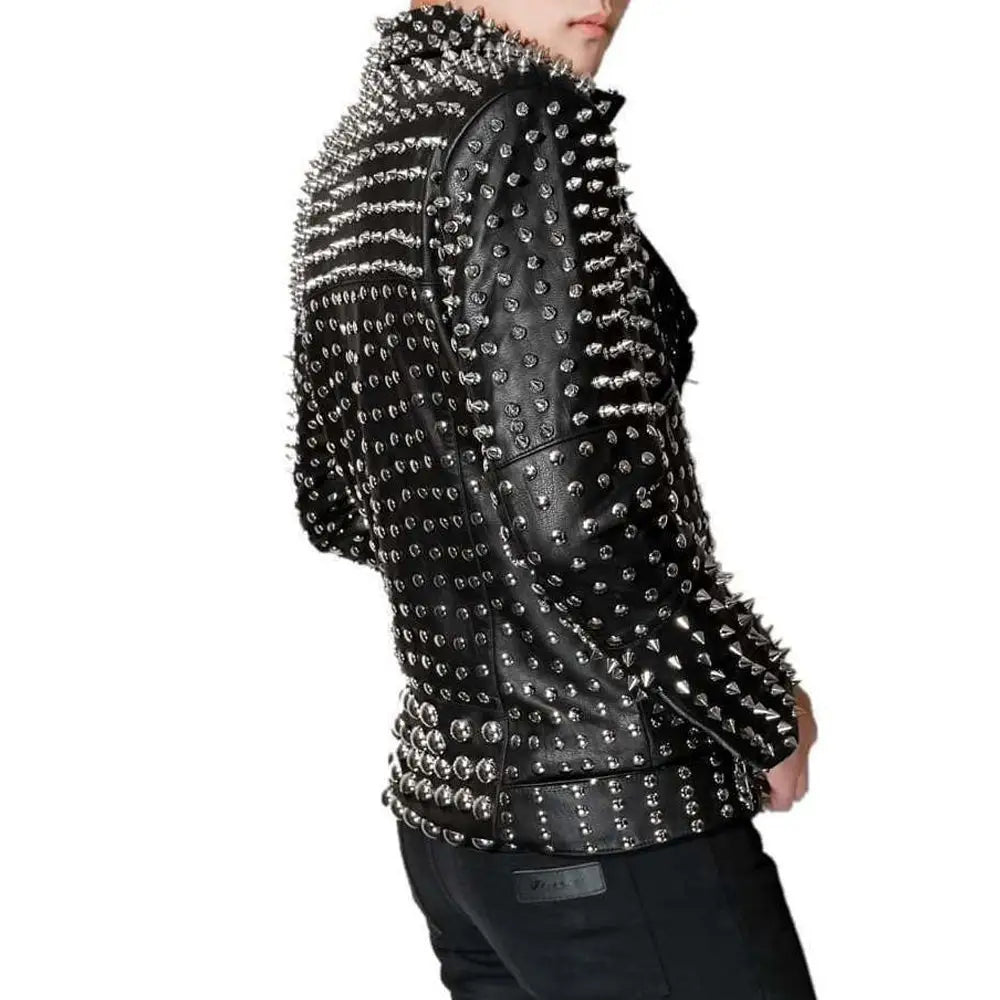 Men’s Lambskin Leather Jacket with Full Silver Studded Detail-2
