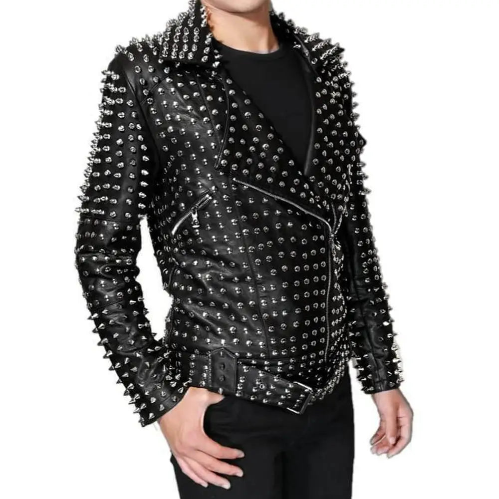 Men’s Lambskin Leather Jacket with Full Silver Studded Detail-0