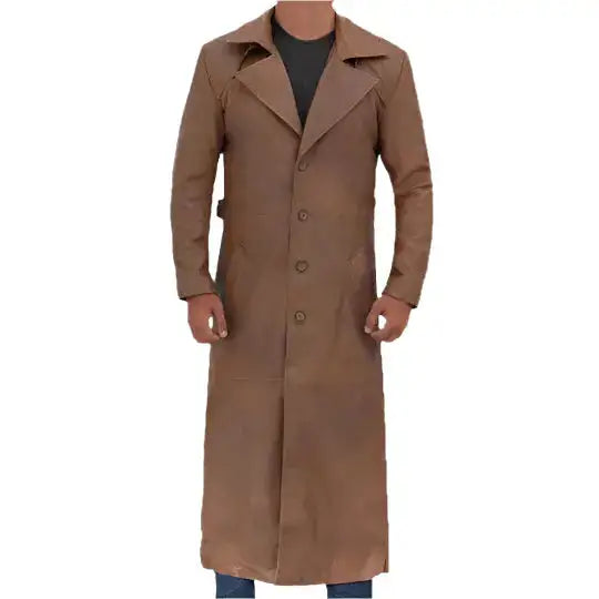 Mens Long Brown Leather Trench Coat-0
