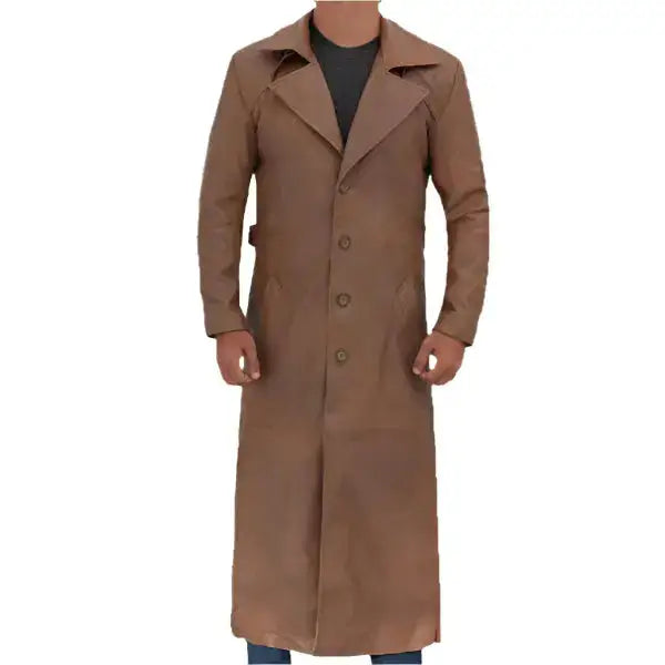 Mens Long Brown Leather Trench Coat-1