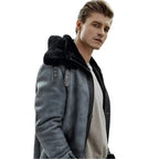 Men’s Metallic Gray Shearling B7 Bomber Long Coat-3