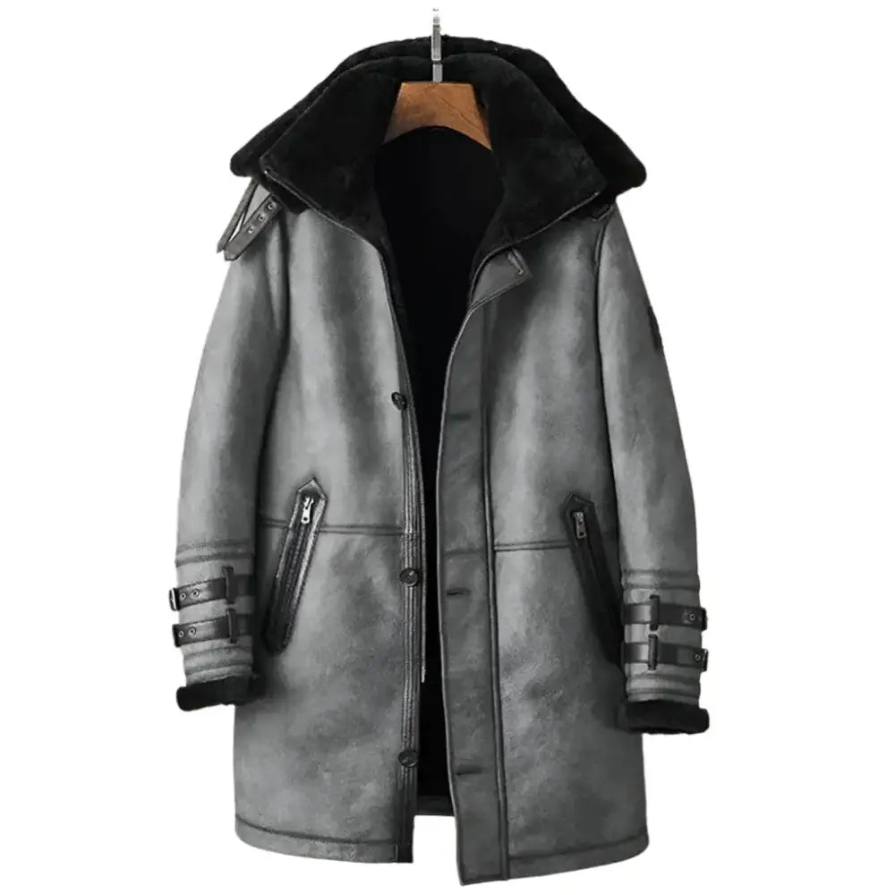 Men’s Metallic Gray Shearling B7 Bomber Long Coat-0
