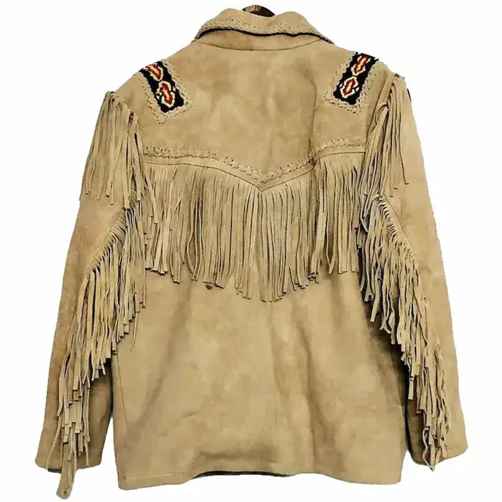 Men's Native American Suede Fringe Leather Jacket with Beads-1