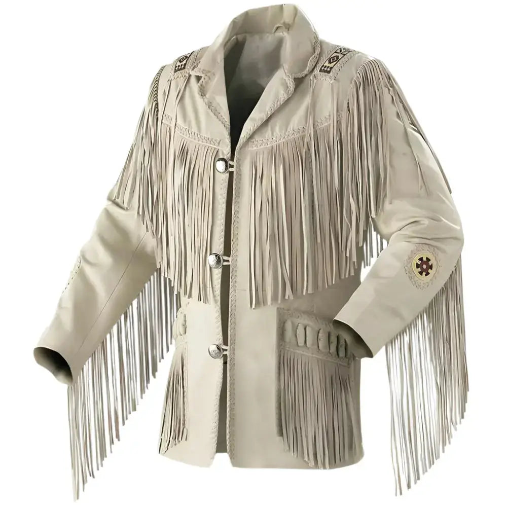 Men's Native American Beige Suede Western Fringe Jacket-0