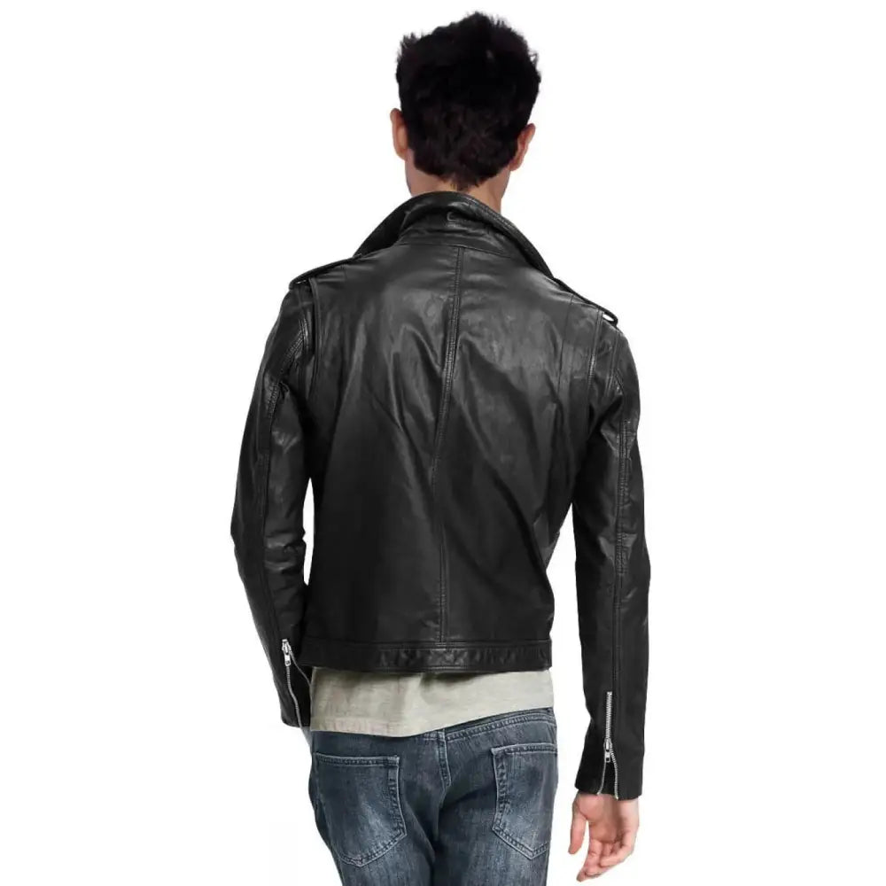 Men's Pure Black Leather Motorcycle Biker Jacket-1