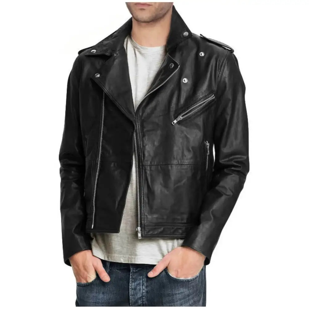 Men's Pure Black Leather Motorcycle Biker Jacket-0