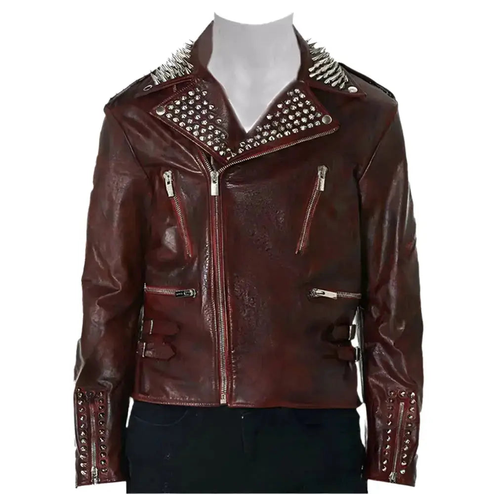 Men's Red Spiked Studded Metallic Leather Jacket-0