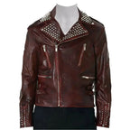 Men's Red Spiked Studded Metallic Leather Jacket-0