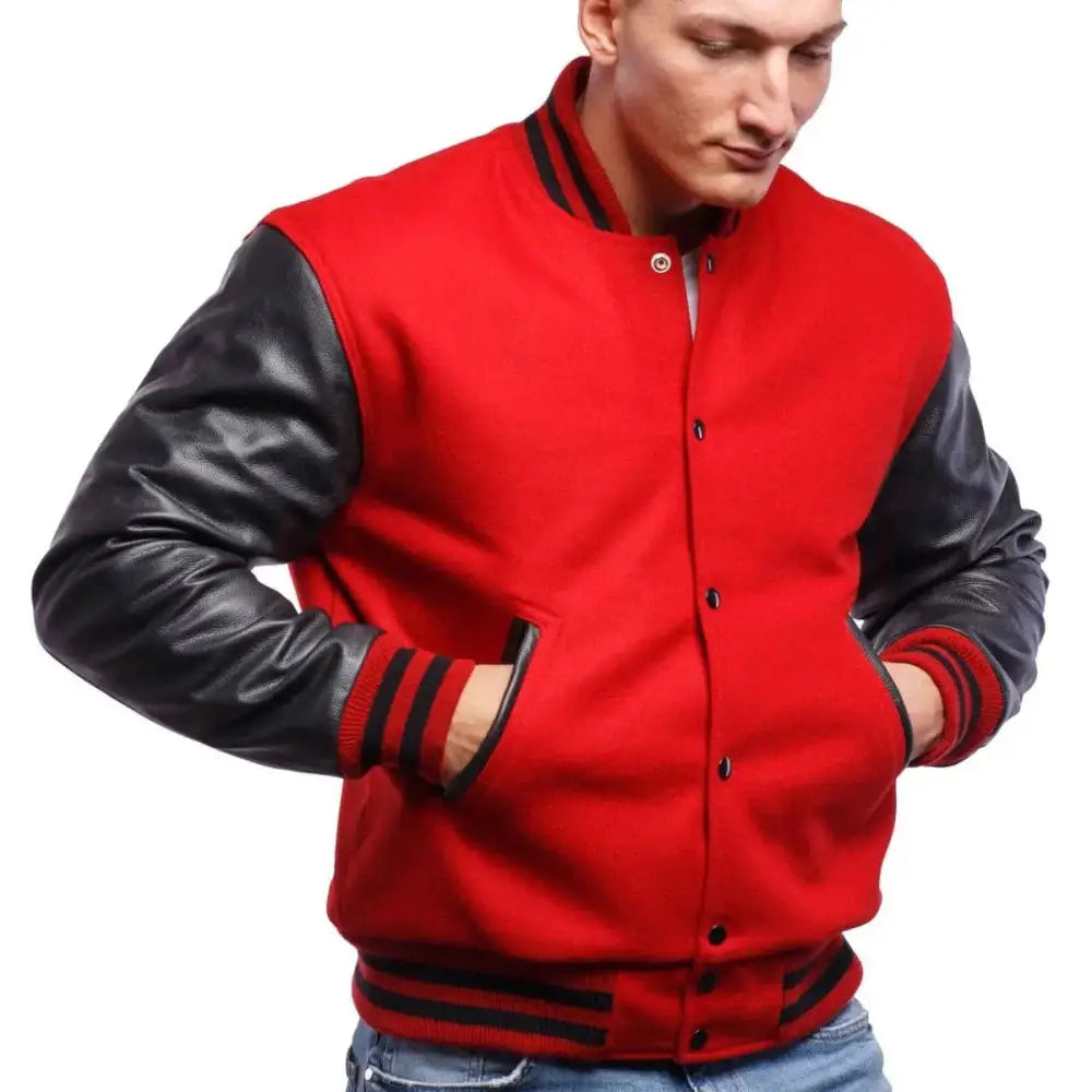 Men's Red Varsity Leather Jacket with Black Sleeves-1
