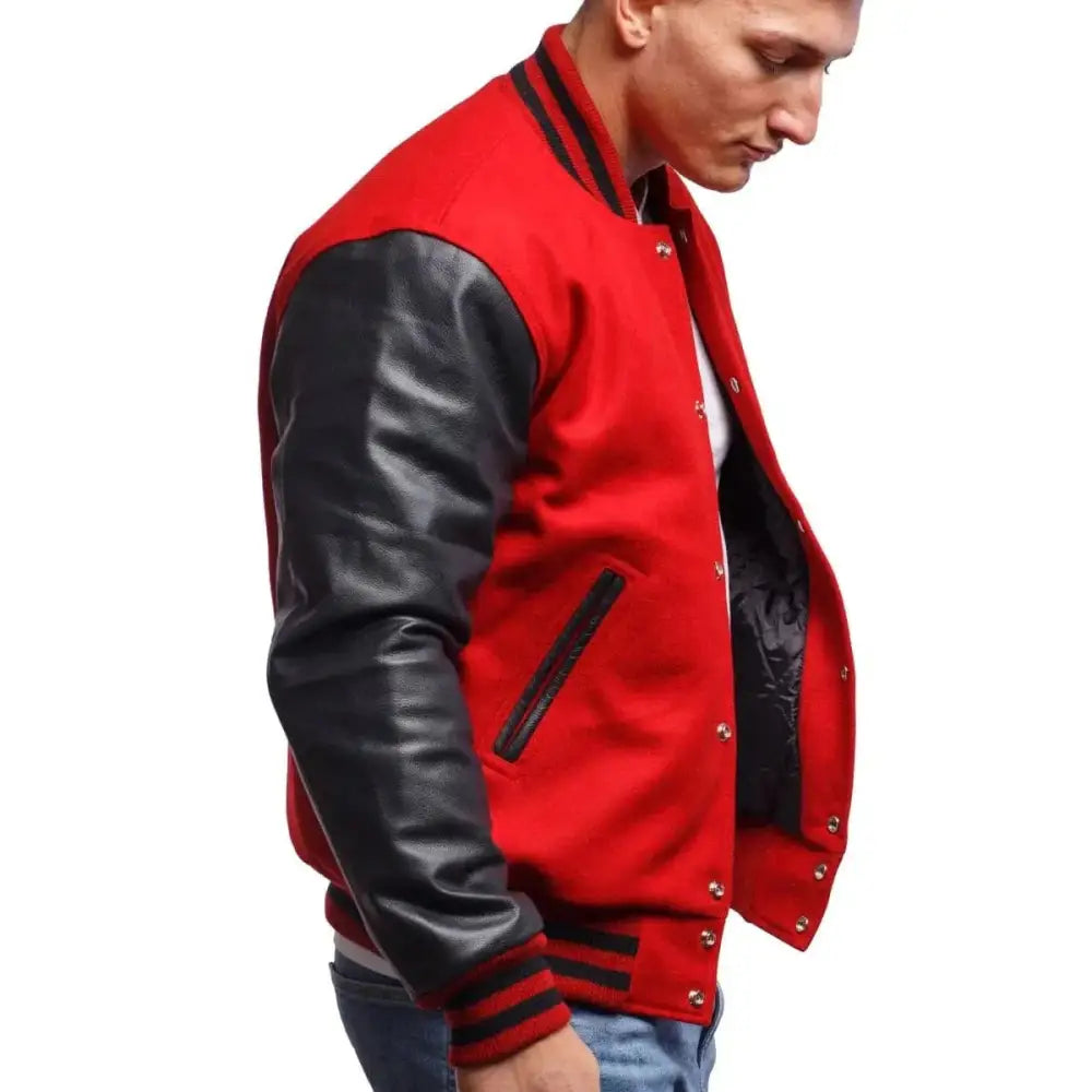 Men's Red Varsity Leather Jacket with Black Sleeves-3