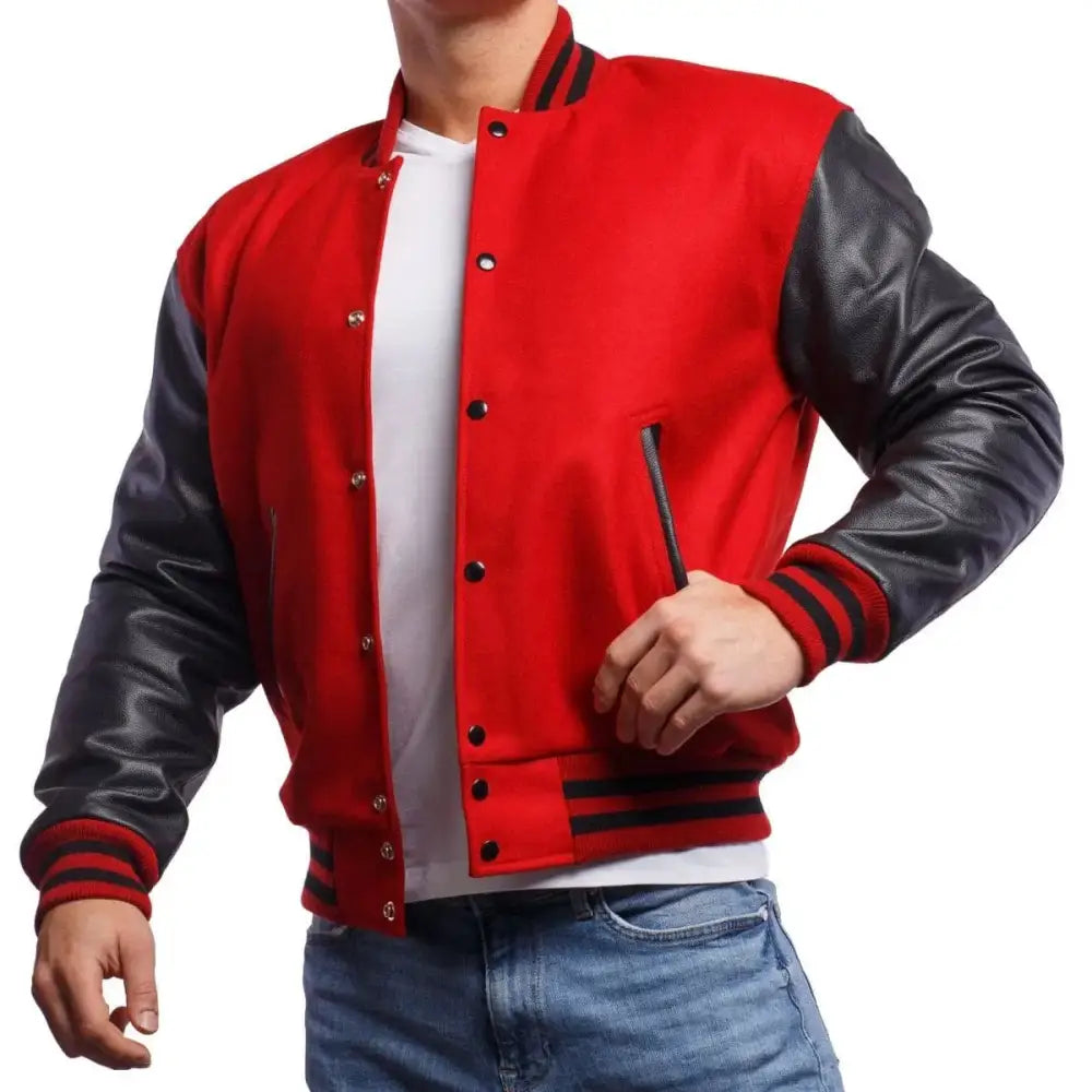 Men's Red Varsity Leather Jacket with Black Sleeves-2