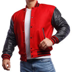 Men's Red Varsity Leather Jacket with Black Sleeves-2