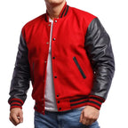 Men's Red Varsity Leather Jacket with Black Sleeves-0