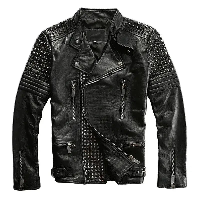 Men’s Rock Punk Black Studded & Spiked Motorcycle Leather Jacket-0