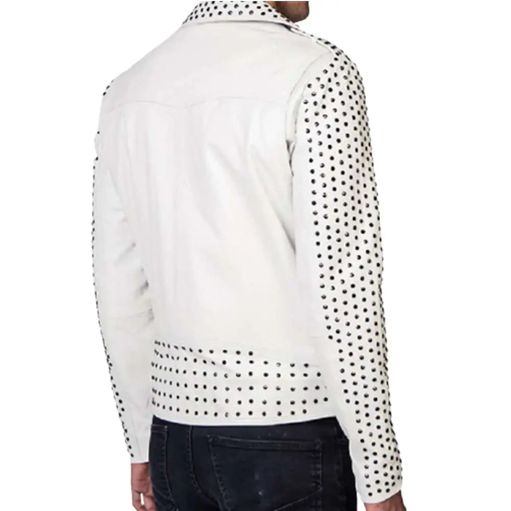 Men’s White Cowhide Leather Biker Jacket with Silver Studs & Belt-1