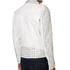 Men’s White Cowhide Leather Biker Jacket with Silver Studs & Belt-1