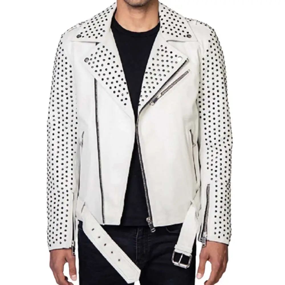Men’s White Cowhide Leather Biker Jacket with Silver Studs & Belt-0