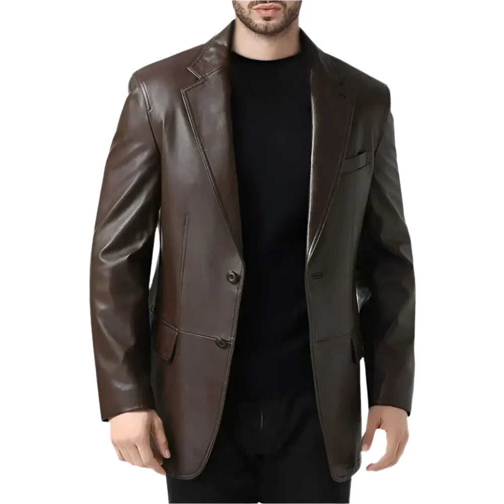 Mens Brown Leather Blazer Coat-0