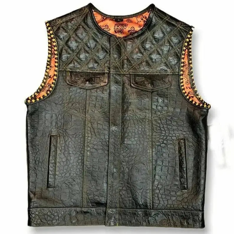 Men's Snake Yellow Diamond Quilted Biker Vest-0