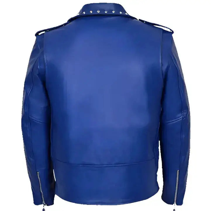 Men's Studded Blue Leather Biker Jacket-2