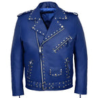 Men's Studded Blue Leather Biker Jacket-0