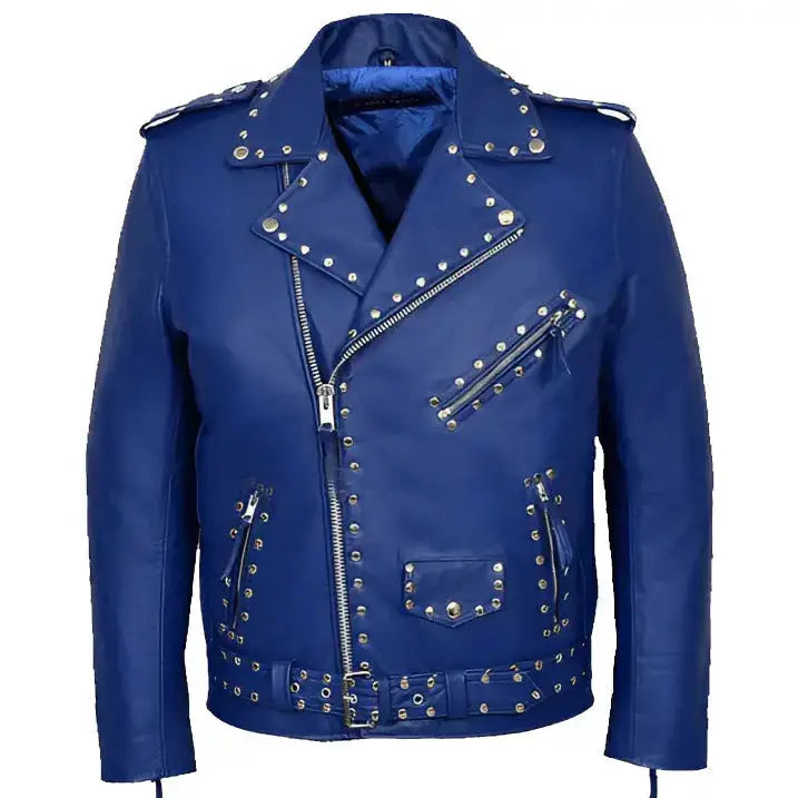 Men's Studded Blue Leather Biker Jacket-0
