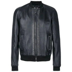 Mens Studded Leather Bomber Jacket-0
