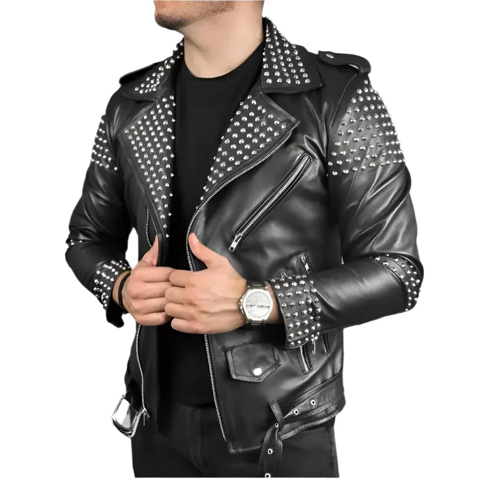 Men’s Studded Leather Motorcycle Jacket-1
