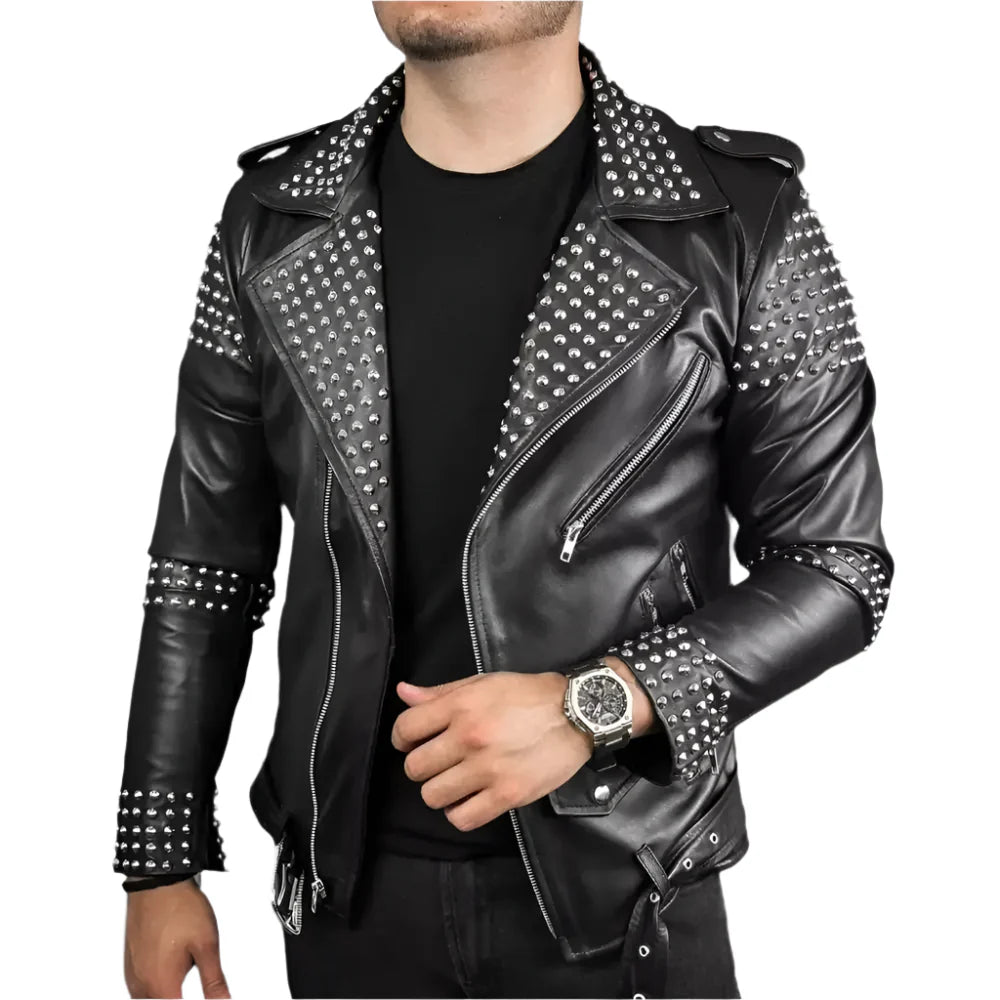 Men’s Studded Leather Motorcycle Jacket-0