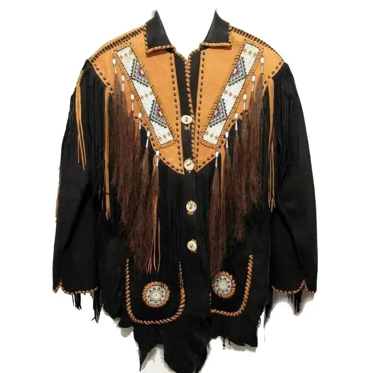 Men's Suede Leather Cowboy Coat with Fringes & Beads-0