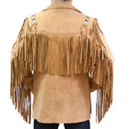 Men's Suede Leather Cowboy Jacket with Fringe & Beaded Western Details-2