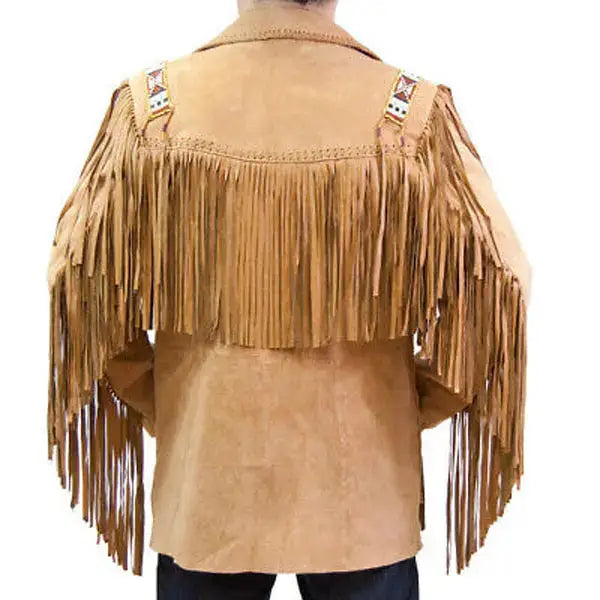 Men's Suede Leather Cowboy Jacket with Fringe & Beaded Western Details-2