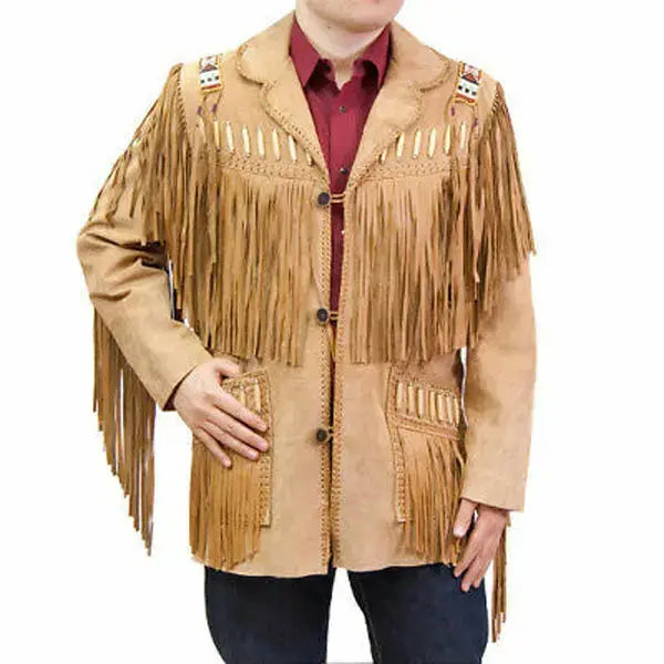 Men's Suede Leather Cowboy Jacket with Fringe & Beaded Western Details-0