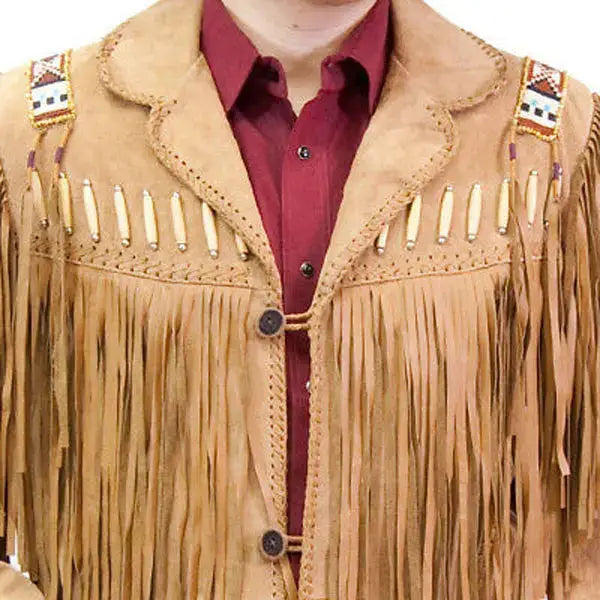 Men's Suede Leather Cowboy Jacket with Fringe & Beaded Western Details-1