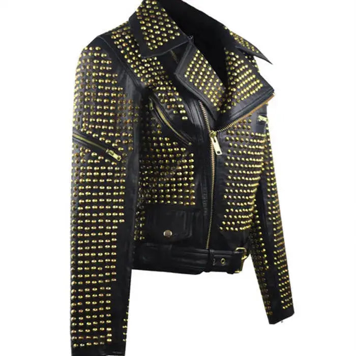 Mens Black Golden Studded Leather Biker Jacket-2