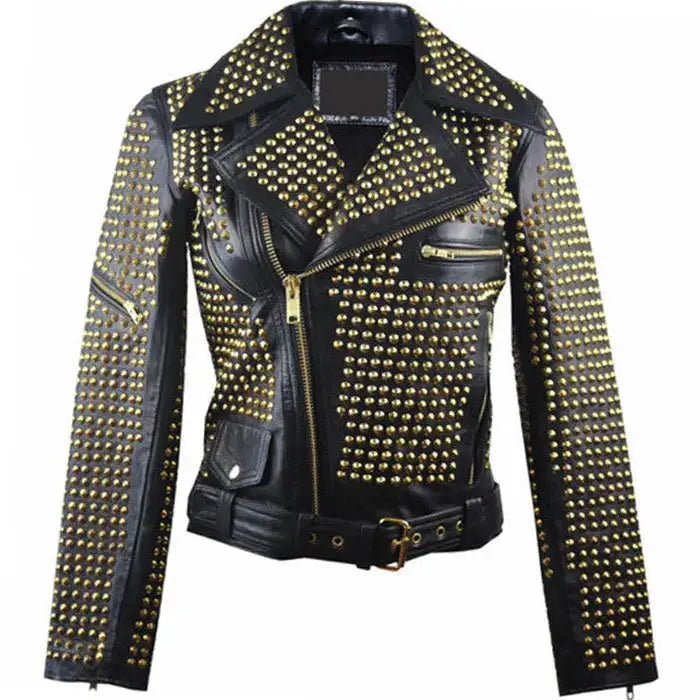 Mens Black Golden Studded Leather Biker Jacket-0