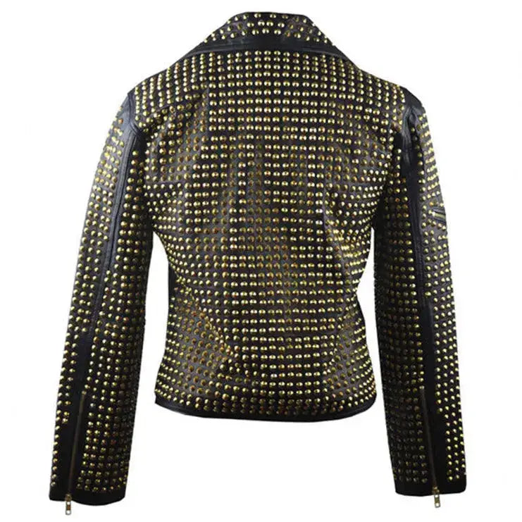 Mens Black Golden Studded Leather Biker Jacket-1