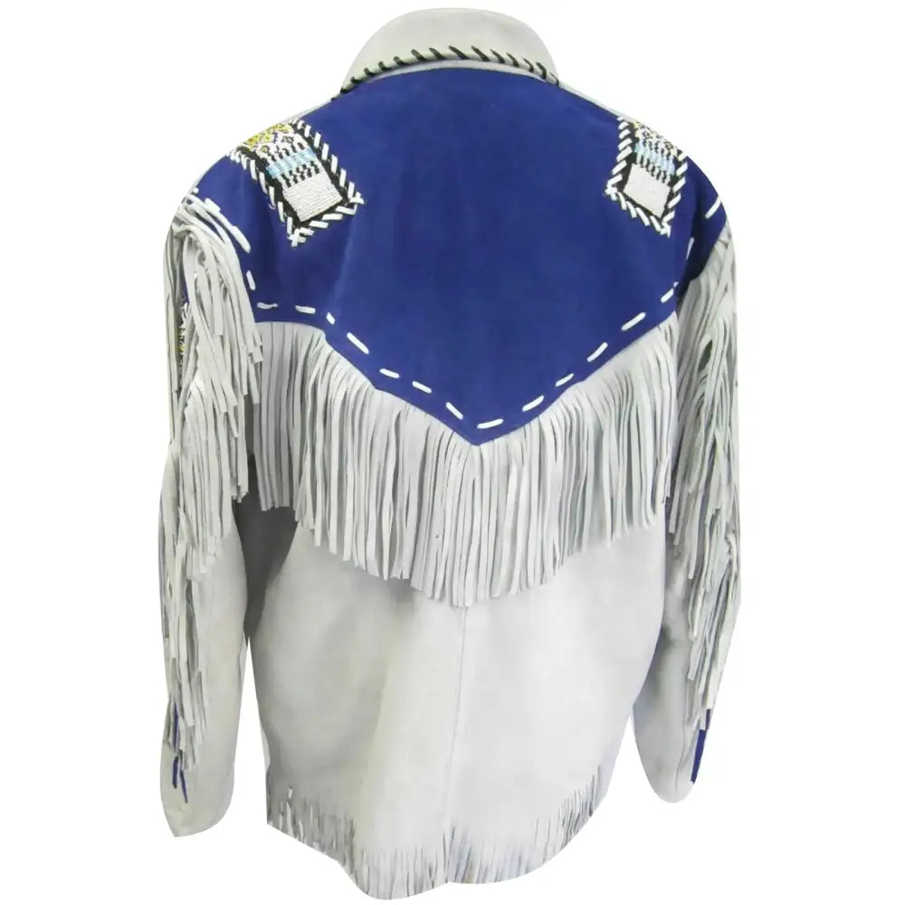 Men's White and Blue Suede Leather Cowboy Coat with Fringe-1
