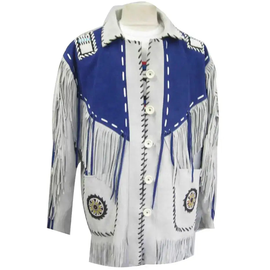 Men's White and Blue Suede Leather Cowboy Coat with Fringe-0