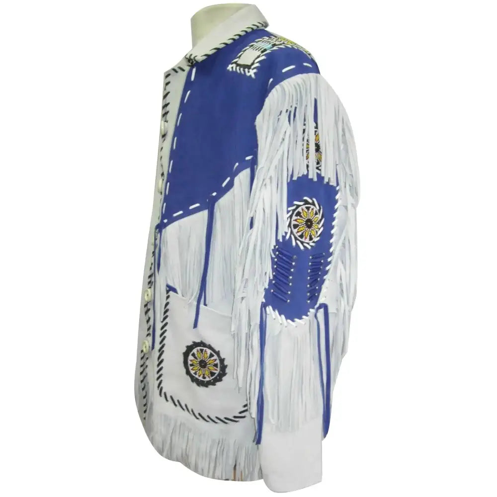 Men's White and Blue Suede Leather Cowboy Coat with Fringe-3