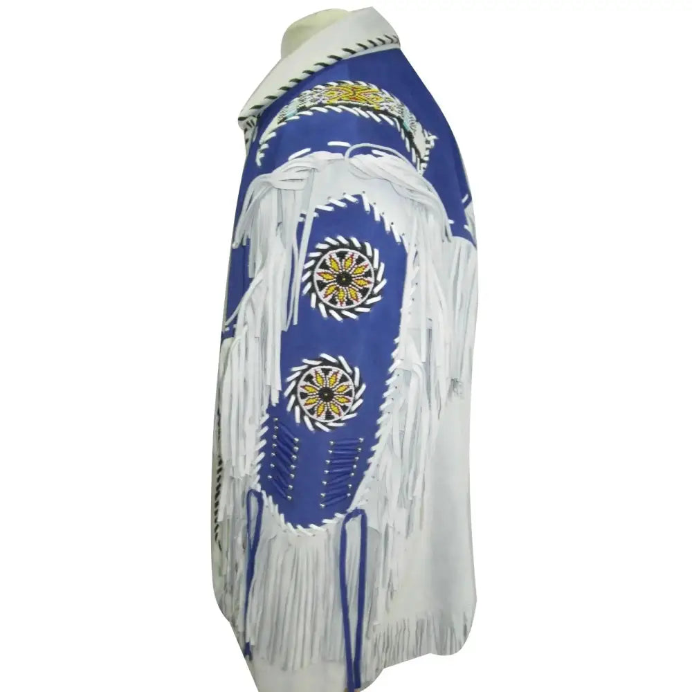Men's White and Blue Suede Leather Cowboy Coat with Fringe-2