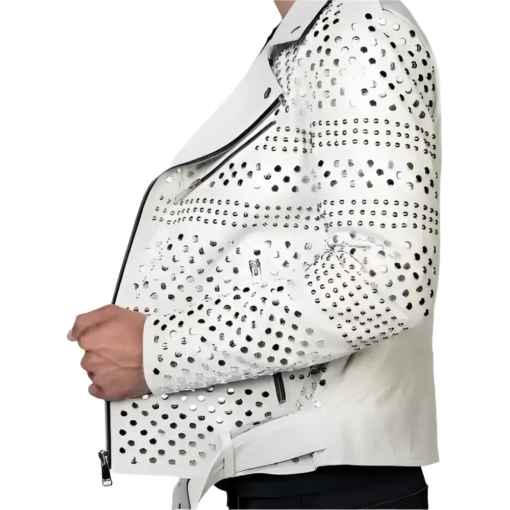 Men's White Studded Leather Motorcycle Jacket-2