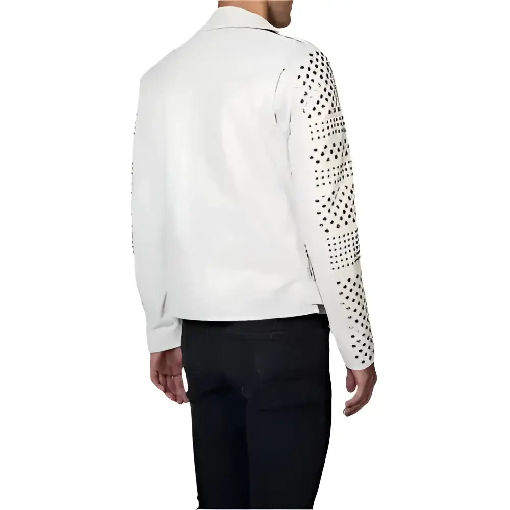 Men's White Studded Leather Motorcycle Jacket-1