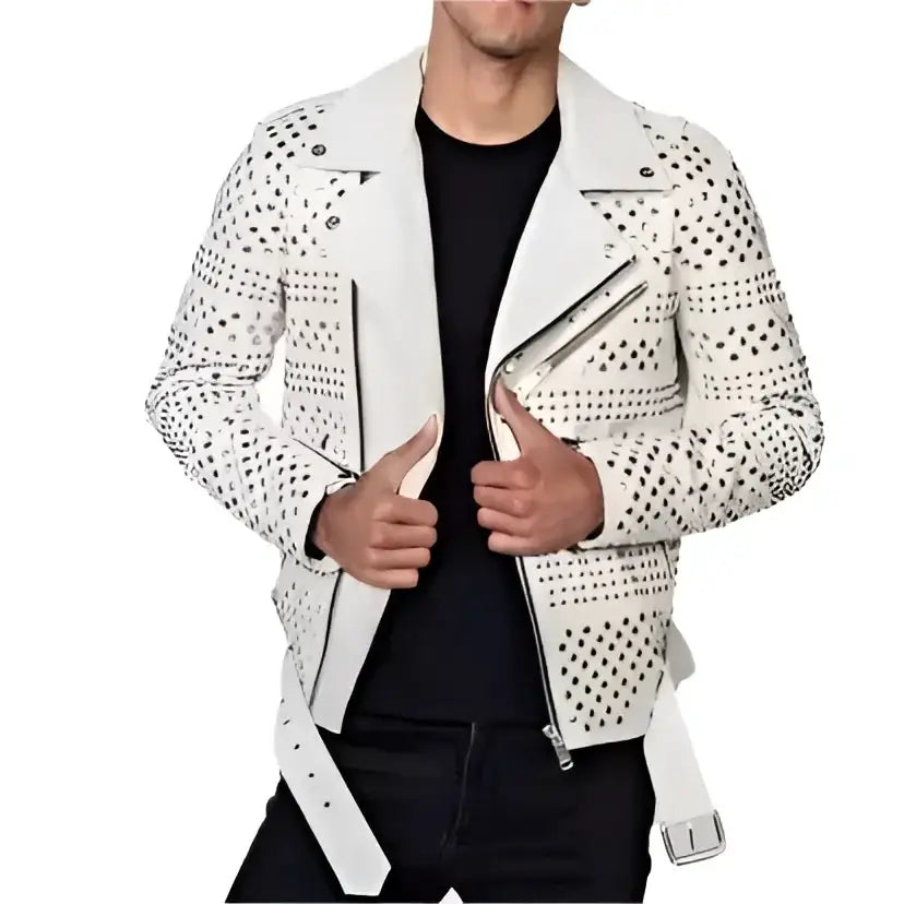 Men's White Studded Leather Motorcycle Jacket-0