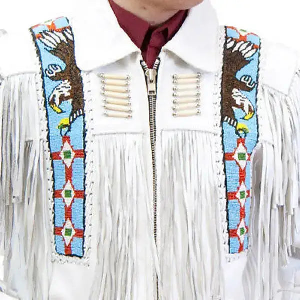 Men's White Suede Leather Jacket with Cowboy Fringe & Eagle Bead Detailing-1