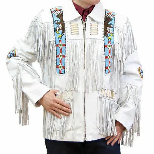 Men's White Suede Leather Jacket with Cowboy Fringe & Eagle Bead Detailing-0