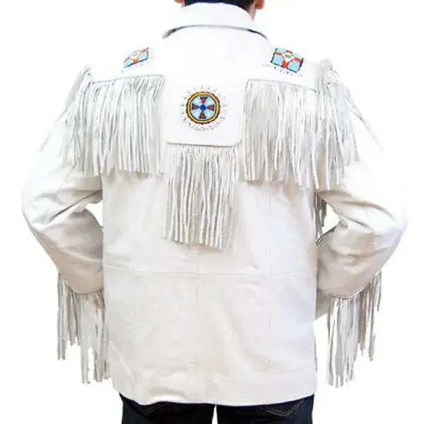 Men's White Suede Leather Jacket with Cowboy Fringe & Eagle Bead Detailing-2