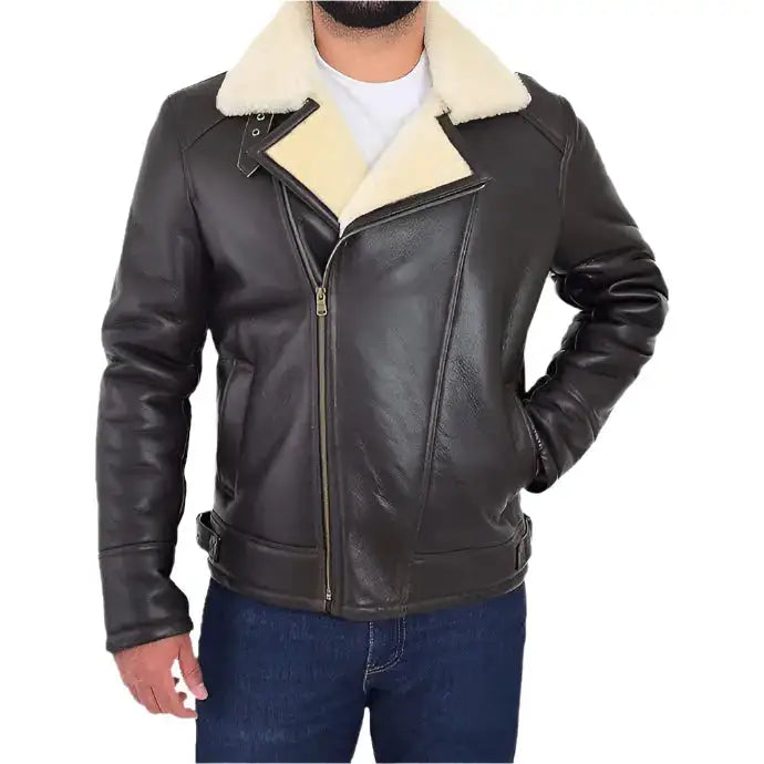 Men’s X Zip Shearling Aviator Bomber Jacket-2